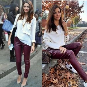 ANDREW MARC NEW YORK Women's Burgundy Hi-Rise Moto Faux-Leather Pants Sz 2